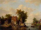Jacobus Van Der Stok A river landscape with many figures by a village painting